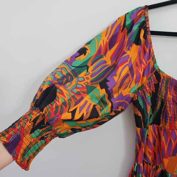 House OF HARLOW 1960 Meadow Print Ballon Sleeve Smoked Waist Midi Dress sz Large - Picture 8 of 15